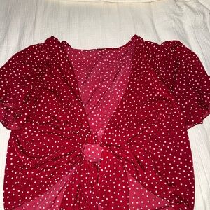 SHEIN Red Puff Sleeve Crop Top with Tie Front